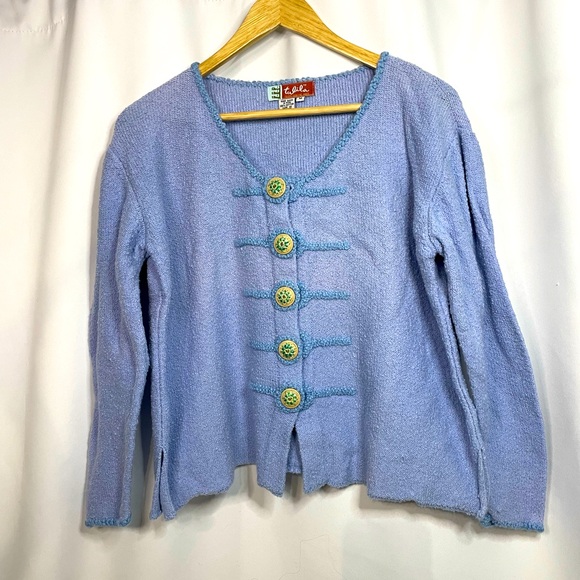 Tulila Sweaters - Tulila lavender button down cardigan w/ embroidered buttons sz M made in Peru